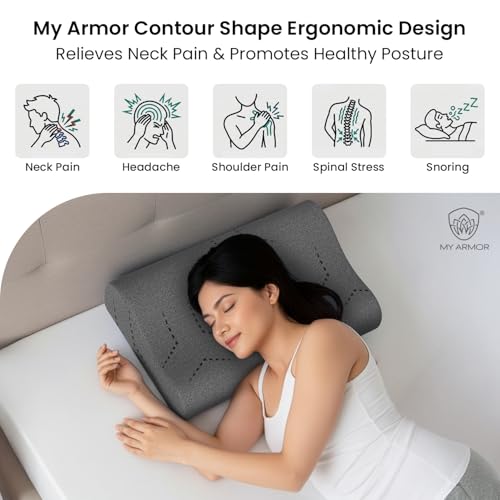 Image of MYARMOR Cool Gel Cervical Pillow for Neck Pain | Contour Design for Neck & Shoulder Pain Relief | Dual Height Ergonomic Support | 18 x 11 x 3.5 Inch | 2 Years Warranty | Grey Cover - Pack of 1