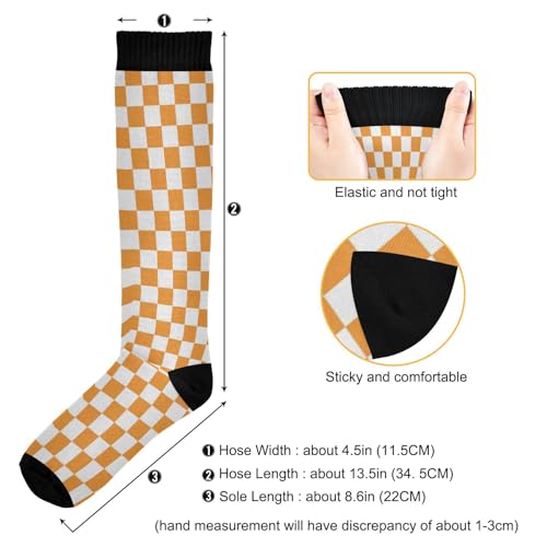 Pigsaly Orange White Squares Plaid Women's Compression Socks Checkered Lattice Athletic Tube Sock Unisex Casual Knee High Socks Outdoor Sport Socks For Running Hiking Travel3