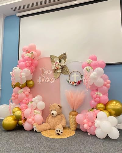 Image of 172Pcs Pink Balloon Garland Arch Kit - Pink Party Decorations with Pastel Macaron Pink White Gold and Starburst Foil Balloons for Birthday Baby Bridal Shower Wedding Valentine's Decorations