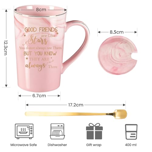 Best Friend Birthday Gifts for Women – Friendship Present for Women, BFF Gift Idea for Female Besties | 400ml Pink Marble Ceramic Gold Print Coffee Mug with Spoon, Lid, Card & Gift Box