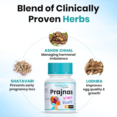 Image of myUpchar Ayurveda Prajnas Women's Wellness Capsules | Healthy Pregnancy | PCOS & PCOD Supplements | Helps in Menstrual Cycle, Irregular Periods & Hormonal Balance | Shatavari, Gokshura, Ashoka, Giloy - 60 Capsules (Pack of 1)