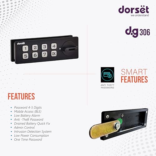 Image of Dorset Password Lock for Drawer and Cabinets | Password 4 to 15 Digit & Mechanical Key | Digital Keyless Lock for Home | Ideal Door Thickness 16-24 mm, Black, DG 306