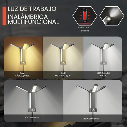 Lámpara camping 2000 lúmenes recargable con tres modos de luz y trípode de trabajo 3