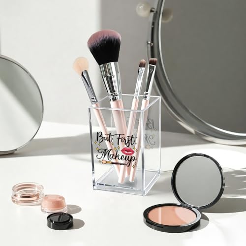Image of But First, Makeup Acrylic Makeup Brush Organizer Holder, Make Up Artist Desk Acrylic Brushes Storage, Christmas Birthday Gifts Women Mom Aunt Sister Boss Lady Make Up Artist