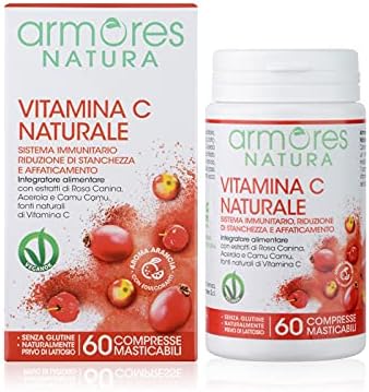 Armores Natura Integratori Alimentari, Vitamina C Naturale, Integratore a Base di Vitamina C da Acerola, Rosa Canina e Camu Camu, Aroma naturale Arancia, Vegano, 60 Compresse Masticabili
