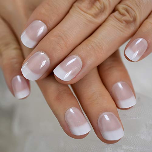 CoolNail Short White French Press on Fake Nails Tips Natural Beige Pink 24pcs Round Head Full Cover faux ongles for Home Office Wear