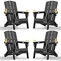 SUUNYN Folding Adirondack Chair 4 Pack, HDPE All-Weather Fire Pit Chairs, Plastic Adirondack Chairs with 2 Cup Holder, Outdoor Lawn Chair for Patio Garden (Black)