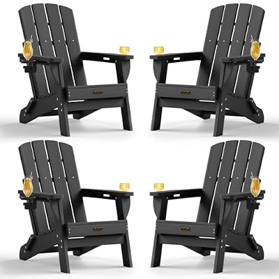SUUNYN Folding Adirondack Chair 4 Pack, HDPE All-Weather Fire Pit Chairs, Plastic Adirondack Chairs with 2 Cup Holder, Outdoor Lawn Chair for Patio Garden (Black)