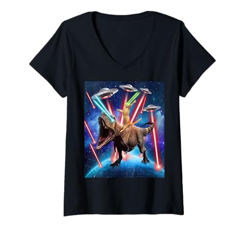Femme Space Cat Riding Dinosaur T rex Laser Eyes UFO Funny Cat T-Shirt avec Col en V