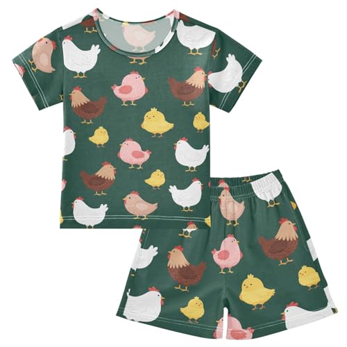 Pajama Short Sets Chicken Pattern Print Design Soft Cotton Summer Sleepwear 2 Piece PJS Size 5-14T