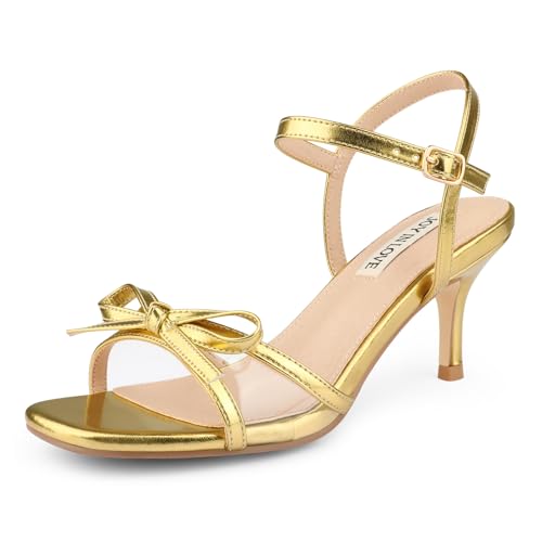 JOY IN LOVE Kitten Bow Heels for Women Open Toe Sandals, Gold Matte, 8
