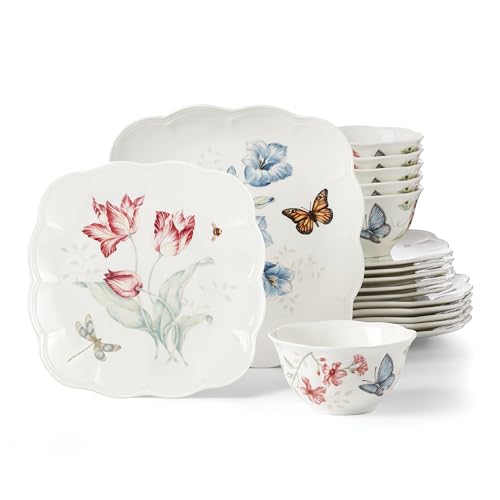 Image of Lenox Porcelain Dinnerware Sets For 6, Lenox Butterfly Meadow Collection Square 18-Piece Dinnerware Set, Service For 6, Kitchen and Dining, Round Bowls, Square Dinner Plates and Bowls Sets (18 Piece)