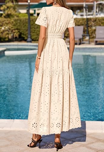 PRETTYGARDEN Short Sleeve Summer Dresses for Women 2026 Elegant Classy Boho High Waist A Line Pleated Wedding Guest Dress (Beige, Small) — view 5
