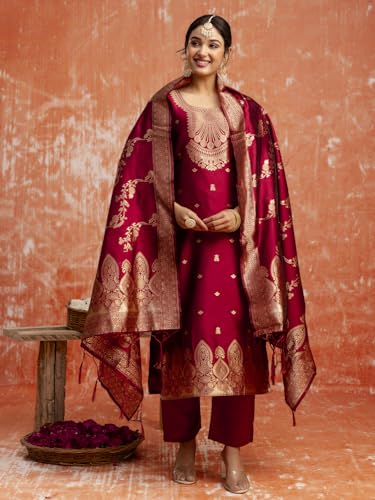 Image of VredeVogel Women's Cotton Silk Blend Zari Work Kurta Pant Set with Jacquard Silk Dupatta | Modern & Traditional Blend Ethnic Wear Set