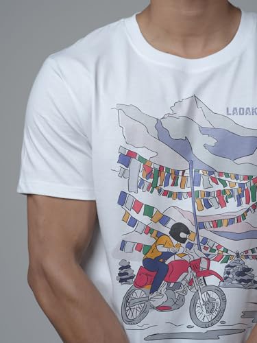 Image of T-Shirt for Men - 100% Cotton Ladakh Motorcycle Rider Half Sleeve Round Neck Graphic Print | Regular & Oversized Fit | 180 /220 GSM | S-5XL | Black, Navy Blue, Olive, Red, White