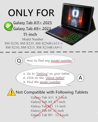 Image of Case with Keyboard for Samsung Galaxy Tab A11+ (Plus) 2025 | 7 Color Rainbow Backlight Detachable Keyboard with Mouse for Tablet A11+ SM-X230 SM-X235 SM-X236B, Black