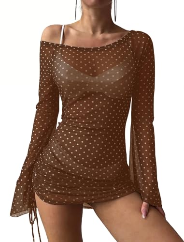 Image of ZAFUL Womens Swimsuit Cover Up Dress Off Shoulder Hollow Coverup Bathing Suit Mesh Swim Beach Dress