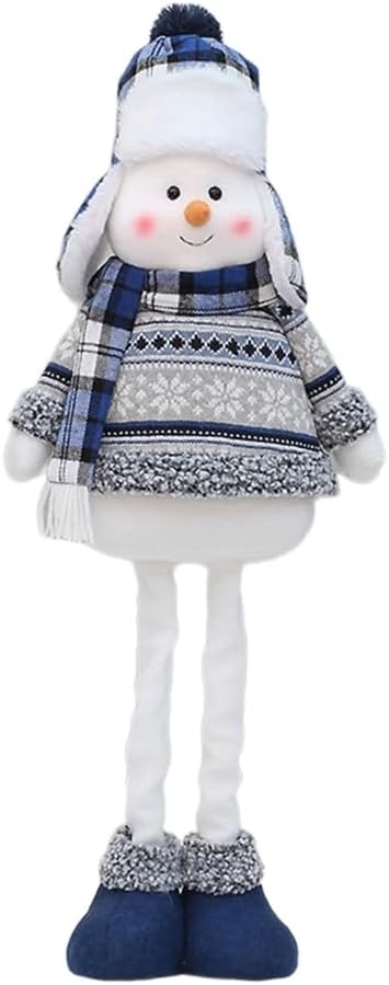 Handmade Christmas Standing Doll Plush Snowman with Scarf Hat Ornament Extendable Legs Decoration for Fireplaces Decor