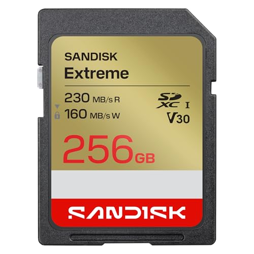 SANDISK Extreme SD UHS-I-Karte 256 GB (bis zu 230 MB/s Lesegeschwindigkeit und 160 MB/s Schreibgeschwindigkeit, 4K-UHD-Video, U3, V30) SANDISK Memory Zone App