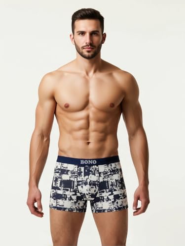 Image of BONO Mens Trunks Pack of 2 Cotton Underwear Breathable Printed Anti-Bacterial Underwear Men Trunk with No Marks Nylon Buffed Stretchable Waistband