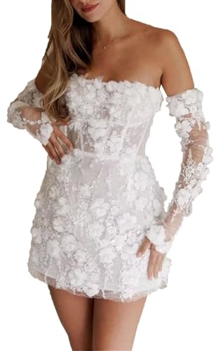 Hanshi E-commerce White Short Wedding Gowns for Bride with Sleeve 2026 Strapless Mini Lace Tulle 3D Flower Open Back Applique Beach Tight Bridal Dress for Bride US2