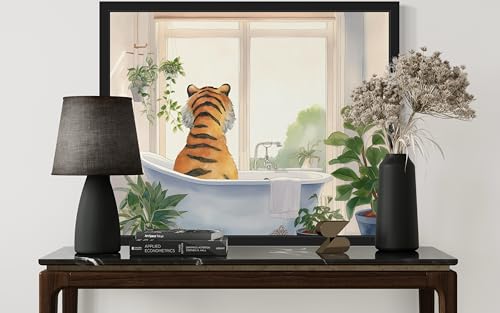 Image of Tiger Black Framed Wall Art Poster Print, Animal Bathtub Restroom Wall Art Painting for Bathroom Decor Gallery Gallery 30 (Tiger 1, 10 inch L x 8 inch W, Black Frame)