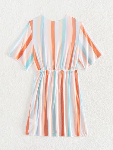 Image of WDIRARA Girl's Striped Waist Tie Front Mini Cover Up Dress Collarless Neck Short Sleeve Kimono Bathing Suit
