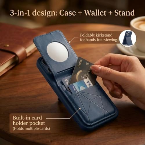 Image of amazon basics Premium Vegan Leather Back Cover with Card Holder and Integrated Mobile Stand for iPhone 17 Air - Slim Shockproof Wallet Case with Geometric Stitching [Blue]