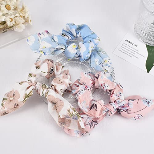 Yonchic 6-Piece Flower Print Bowknot Elastic Hair Ties, Seersucker Rabbit Ear Scrunchies Ladies Long Lasting Braids Ponytail Holders, Soft Elegant Bow Hair Tie Ribbon Rubber Bands Hair Accessories #TOP3
