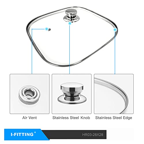 Foli Square Glass Lid 11'', Clear Tempered Glass Vented Square Pan Lid, Replacement Cookware, Frying Pan Cover,1Pack, Comes With A Pot Lid Handle Mitt #TOP4