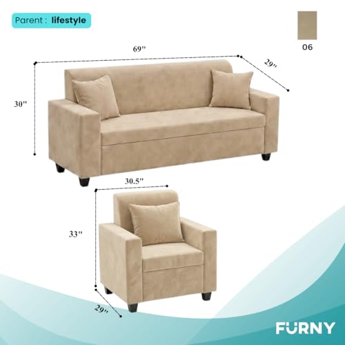 Image of FURNY QualityWood 3 Seater + 1 Seater + 1 Seater Fabric Sofa Set (Beige) with Velvet Finish | Durable Comfort | Ideal for Living Room