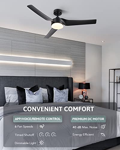 Vonluce Smart Ceiling Fan With Light And Remote, 52" Modern Ceiling Fan Compatible With Alexa Google Voice Control, Indoor Outdoor Ceiling Fans For Bedroom Living Room, 6 Speeds & Reversible, A-Black #TOP4