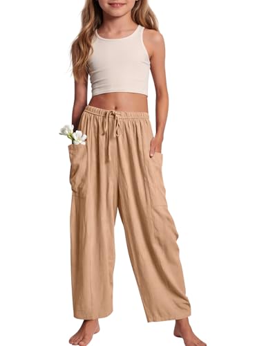 Image of COZYPOIN Girl's Wide Leg Pants Elastic Waist Loose Fit Flowy Casual Beach Palazzo Harem Trousers with Pockets 5-14 Y
