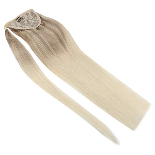 20inch One Piece Ponytail Remy Human Hair Extensions Balayage Color Ash Blonde Fading to Platinum Blonde Straight Remy Ponytail Human Hair Extensions 80g