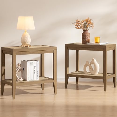 Image of SICOTAS Rattan Nightstands Set of 2 Bedside Table - Boho Narrow End Table Living Room Set of 2 Side Table with Storage Shelves for Small Space - Natural Oak