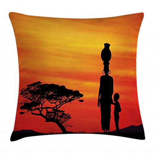 ABAKUHAUS Africano Funda para Almohadón, Madre e Hijo, Decorativo, Estampado en Ambos Lados, 50 x 50 cm, Amarillo Escarlata