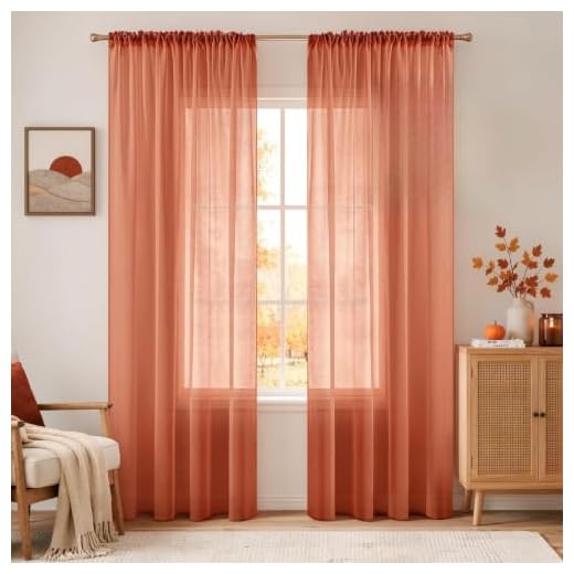 MIULEE Burnt Orange Linen Textured Sheer Curtains 72 Inches Long for Bedroom/Living Room Semi Transparent Farmhouse Window Net Panels with Rod Pocket 2 Panels W 54 x L 72 Inches
