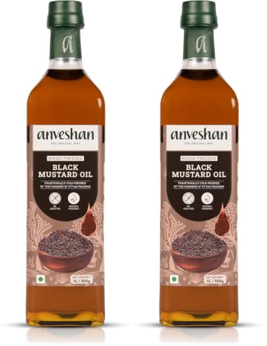 Image of Anveshan Wood Pressed Black Mustard Oil - 1L (Cold Pressed - Extracted on Wooden Churner) | Glass Bottle | Kolhu / Kacchi Ghani / Chekku | Cold Pressed Mustard Oil for Cooking | Perfect blend of Health, Taste & Aroma