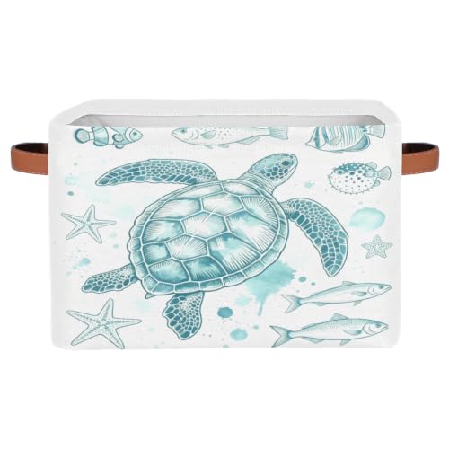 Image of Ocean Fish Square Storage Basket, Sea Turtle Fabric Storage Bin with Leather Handles Collapsible Storage Bin Nursery Hamper for Organizing Toys, Clothes, Books, Gift Baskets