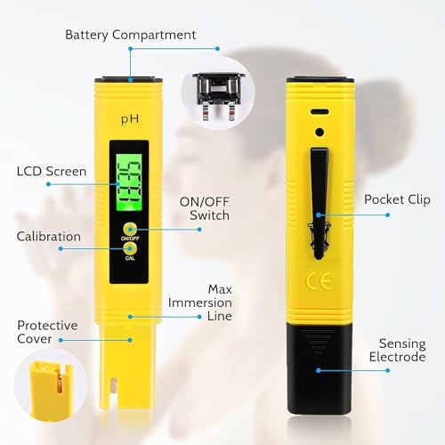 PH Messgerät, PH Genauigkeit Wasserqualität Tester mit LCD Anzeige, ATC-Messbereich 0-14, für Trinkwasser/Schwimmbad/Aquarium/Pool, Hohe Genauigkeit (Gelb)