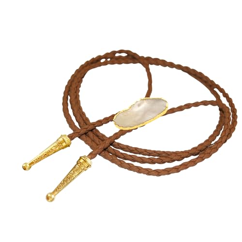 Image of Daisy Del Sol Gemstone Bolo Tie Braided Vegan Faux Leather Natural Stone Gold Handmade Necklace Adjustable Boho Western Jewelry