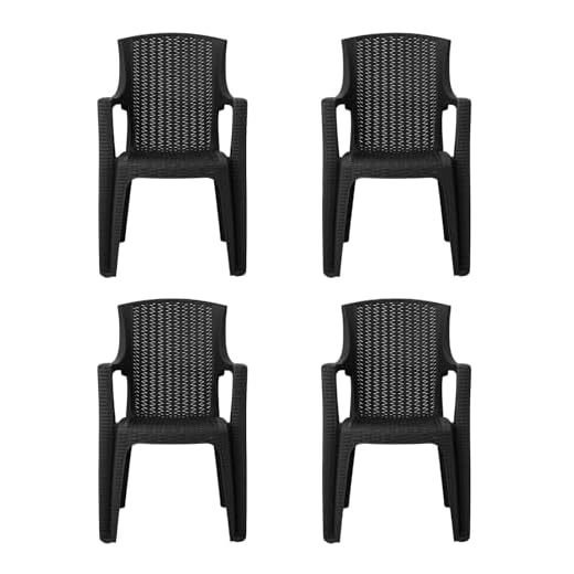 simpa Stackable High Back Plastic Rattan Effect Garden Chairs - Graphite Set of 4