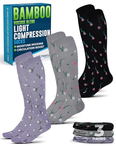 Doctor's Select Light Compression Socks for Women & Men - 3 Pairs, Knee High Comfort and Support, 8-15 mmHg Compression Socks Women, Flowers (Lilac, Black, Gray)