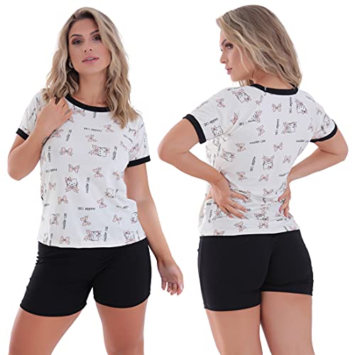 Kit com 02 Pijamas para Dormir Gabi Manga Curta Click Mais Bonita (M, Poá/Estampado)