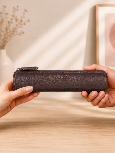 Image of Calfnero Genuine Leather Pen-Case for Men & Women | Premium Brown Leather Pencil-Pouch with Zipper | Cylindrical Pen-Holder Organizer for Pen, Pencils & Stationery | Unisex Pen-Sleeve