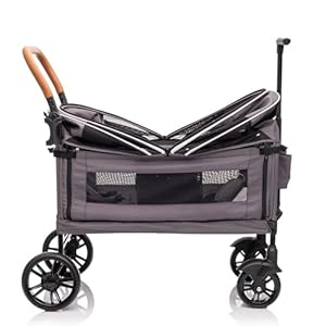 vickey Bollerwagen Faltbar mit Dach 2 Kinder, Cargo-Bollerwagen, Faltbarer Handwagen Schiebegriff, Duo-Kinderwagen Stoßfest PU Räder mit Bremsen, Getränkehalter, 100LGrau