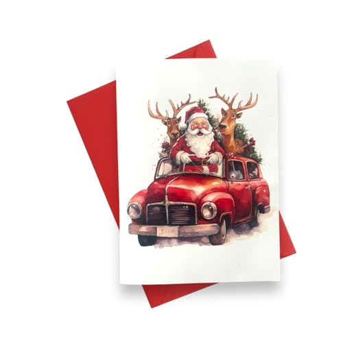 Doodle Kiddo Santa Claus Musical Merry Christmas Greeting Card – 14.5x20 cm Holiday Card with Red Envelope – Santa in Vintage Car Design Christmas Card for Family, Friends & Loved Ones