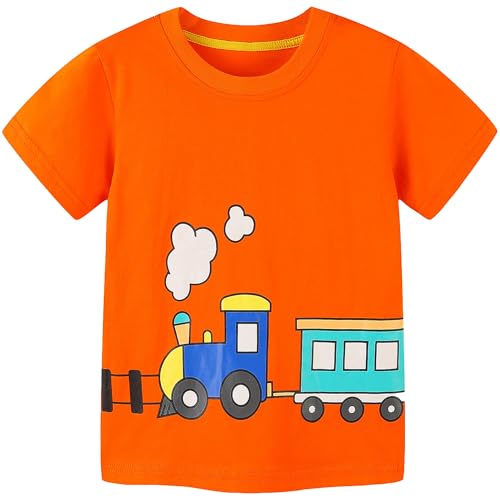AIWUHE Boys Graphic Tees Cotton Shirts Toddler Short Sleeve Shirts Kids Tops T-Shirts Summer Casual T-Shirt Clothes Orange Train 5284 3T