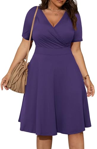 Image of POSESHE Womens Plus Size Dresses Summer Short Sleeve Wrap V-Neck Sundress Casual Wedding Guest Cocktail Dress with Pockets