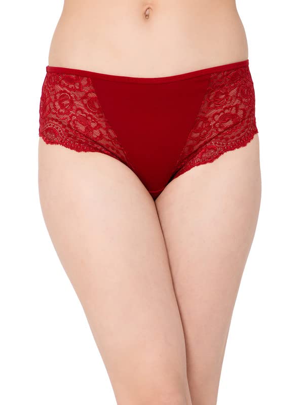 Women's Cotton Mid Waist Hipster Panty with Lace Panels in Maroon
